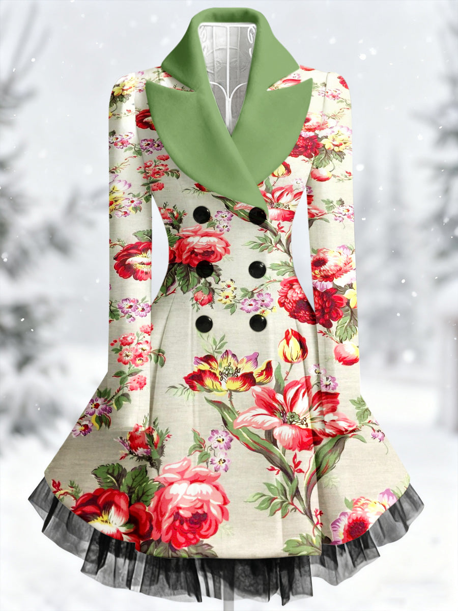 Retro Artistic Floral Print Vintage Elegance Lapel Button Up Long Sleeve Coat Dress